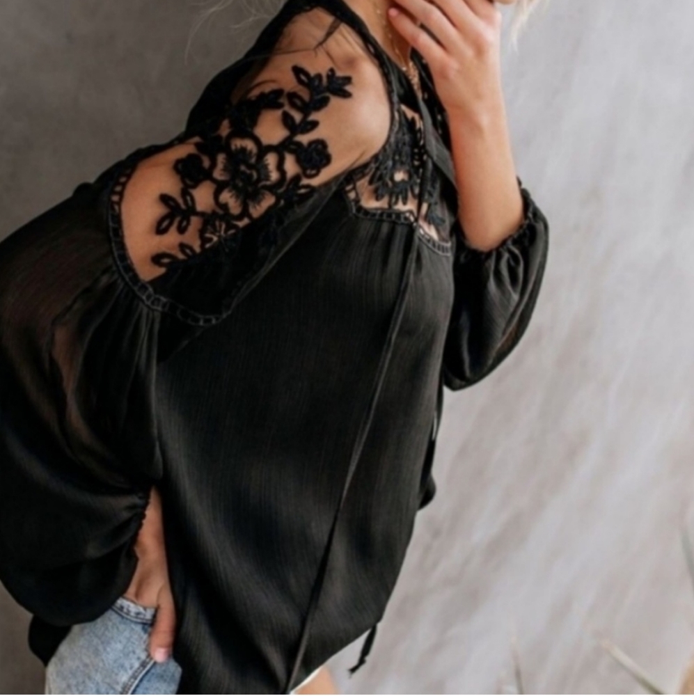 1 left! Semi Sheer Floral Lace Yoke Lantern Blouse - Picture 6 of 8